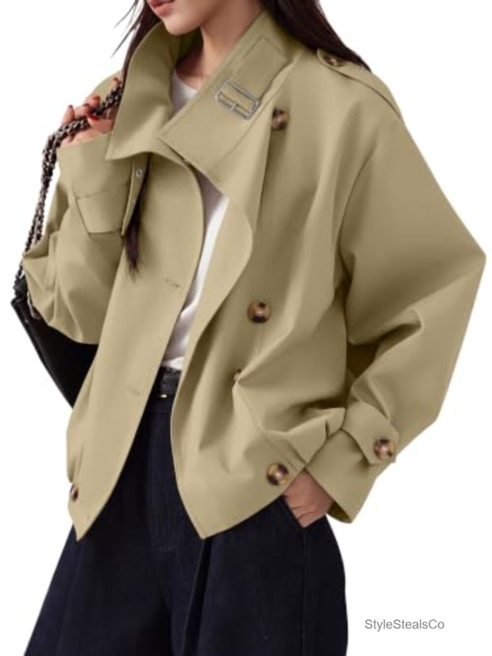 Womens Cropped Trench Coat Vintage Button Jacket Pockets